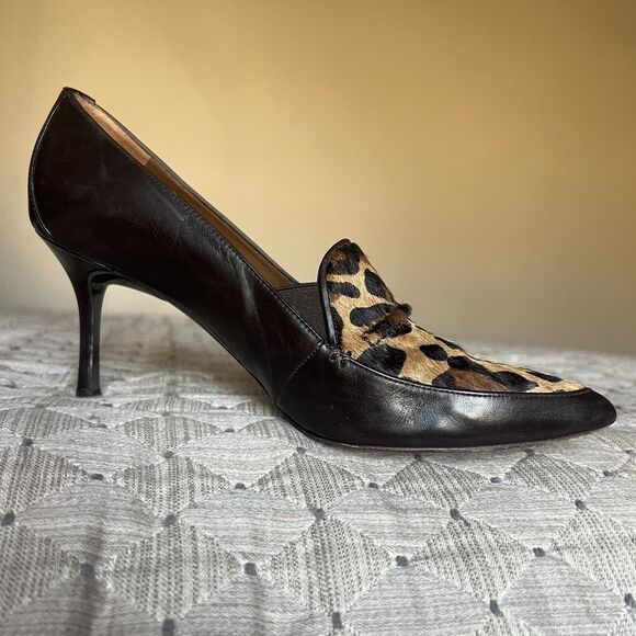 Donald Pliner Toro Brown Leather & Leopard Pony Fur Women’s 9 Heels Pointed Toe - Picture 2 of 16